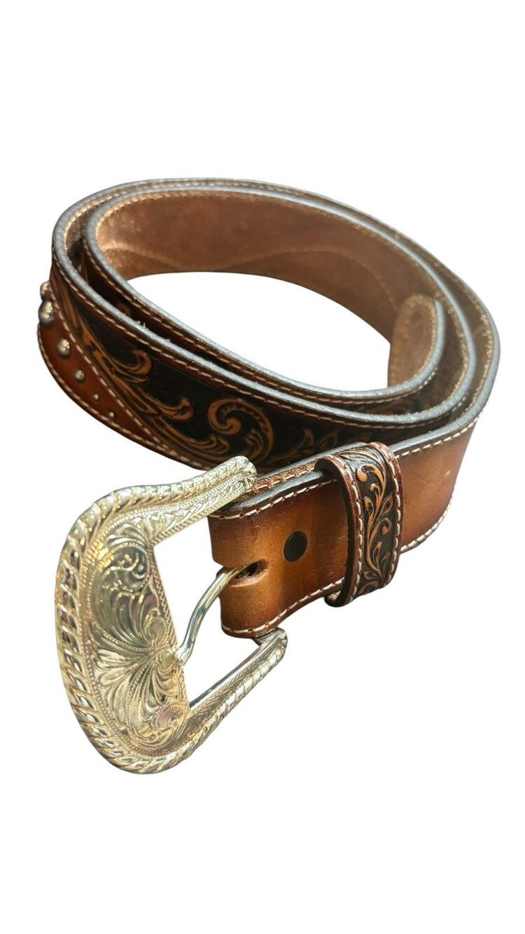 Tony Lama Men's Belt Tan Brown Tooled Embossed Leather Studded Western Cowboy 36